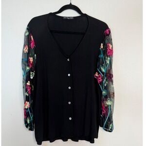 Kim & Cami Black V-Neck Top Floral Embroidered Mesh Sleeves Button Front Large